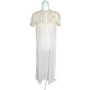 Vintage Barbizon Pink Cotton Nightgown Embroidered Florals Lace Sz Small Button